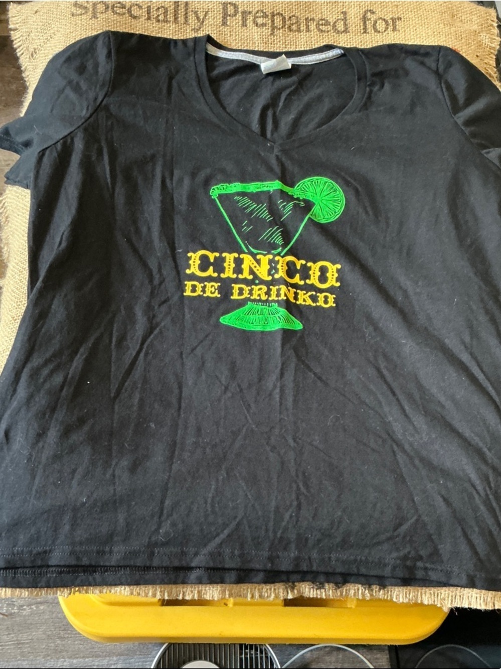 Port and Company Black V‑Neck Tee with Green and Yellow Cinco Graphic Size XL